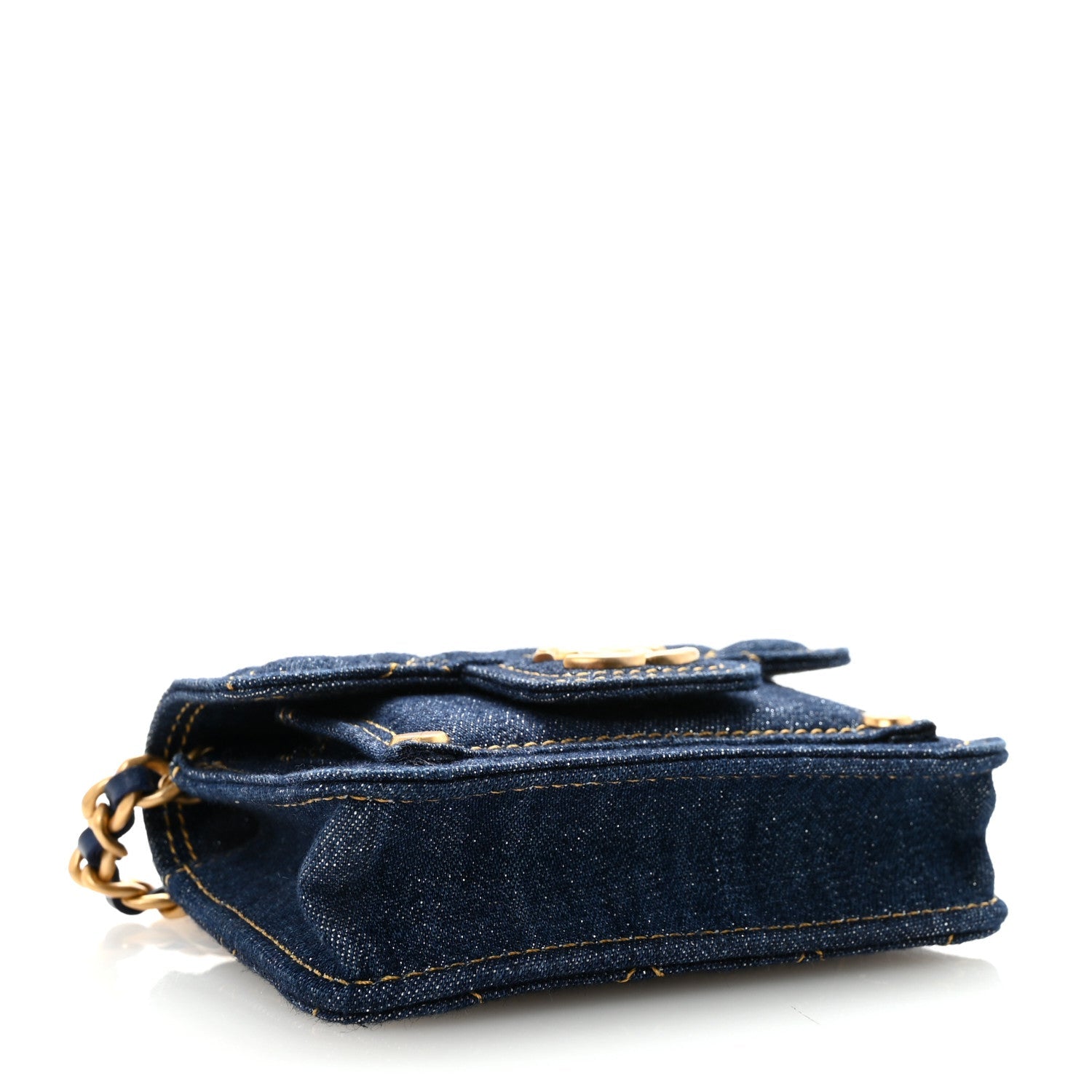 Denim Quilted Double You Card Holder On Chain Blue