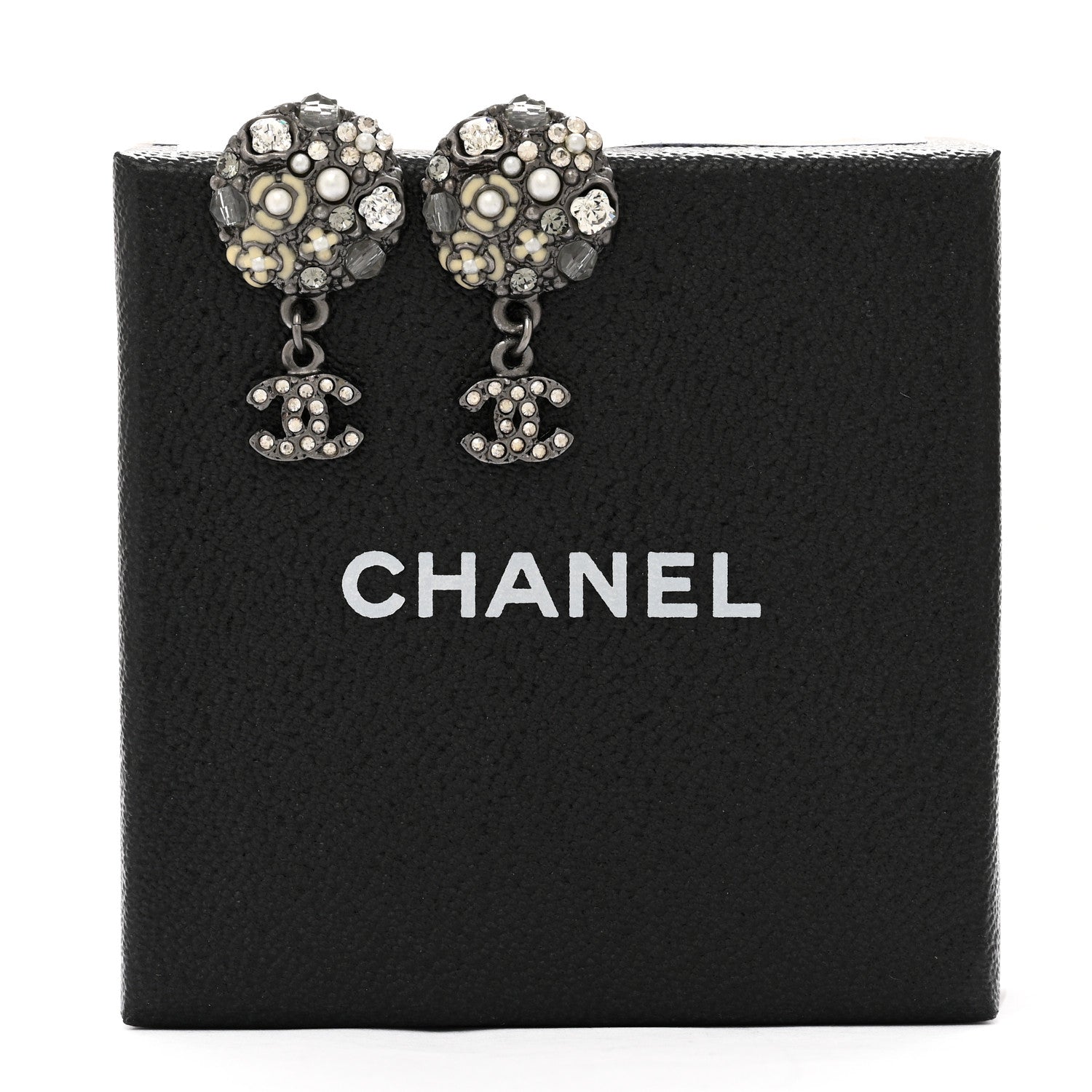 Pearl Crystal CC Camellia Cluster Drop Earrings Dark Silver