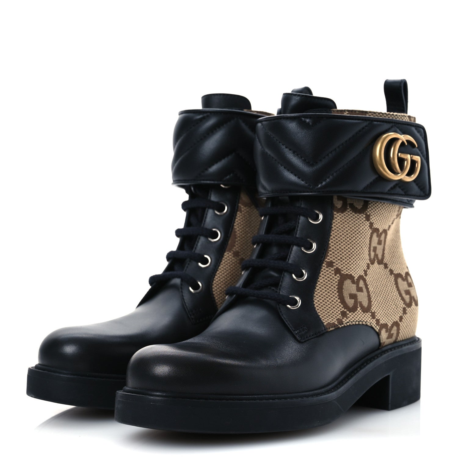 Flores Calfskin Monogram Maxi GG Nappa Matelasse Double G 40mm Ankle Boots 37 Black Camel Ebony