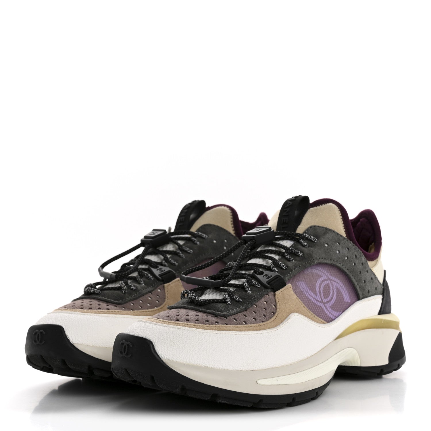 Fabric Suede Calfskin Mesh Womens CC Sneakers 36 White Grey Purple