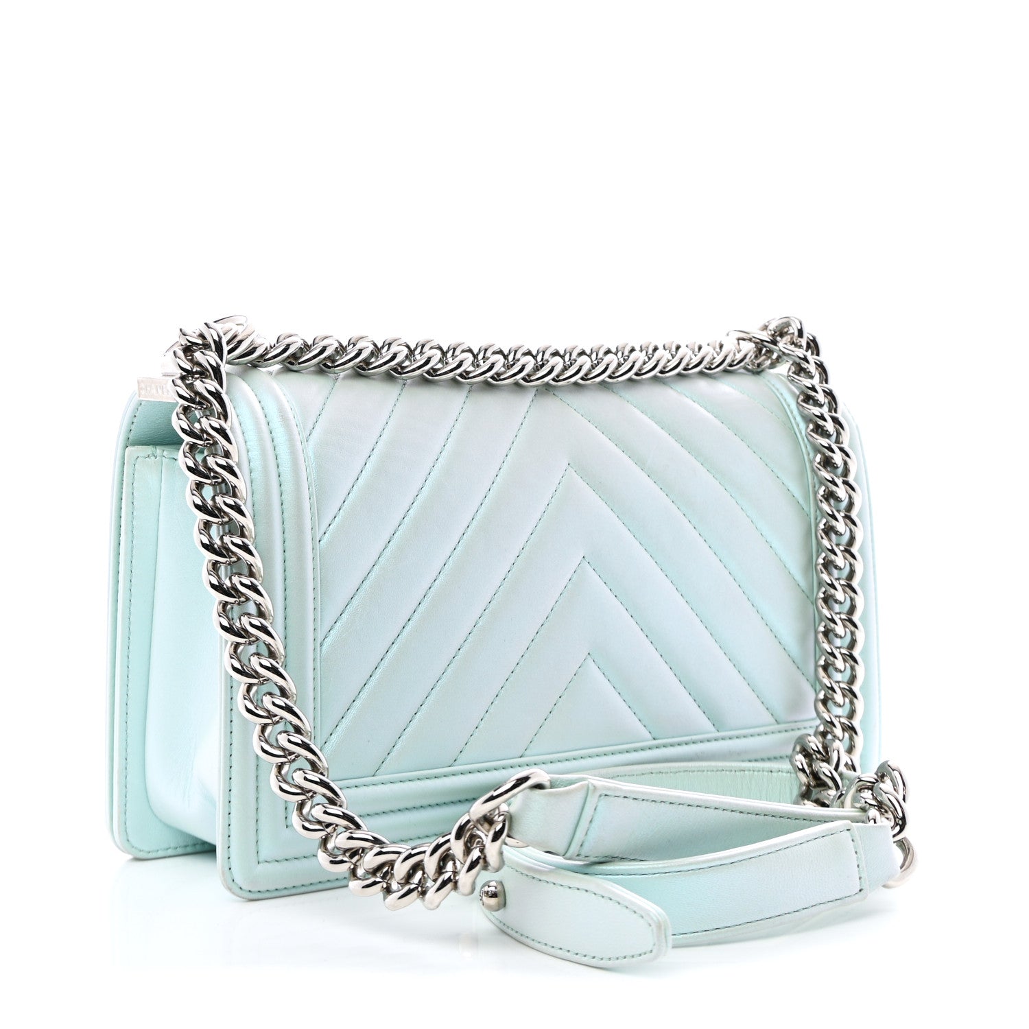 Iridescent Lambskin Chevron Quilted Medium Boy Flap Turquoise