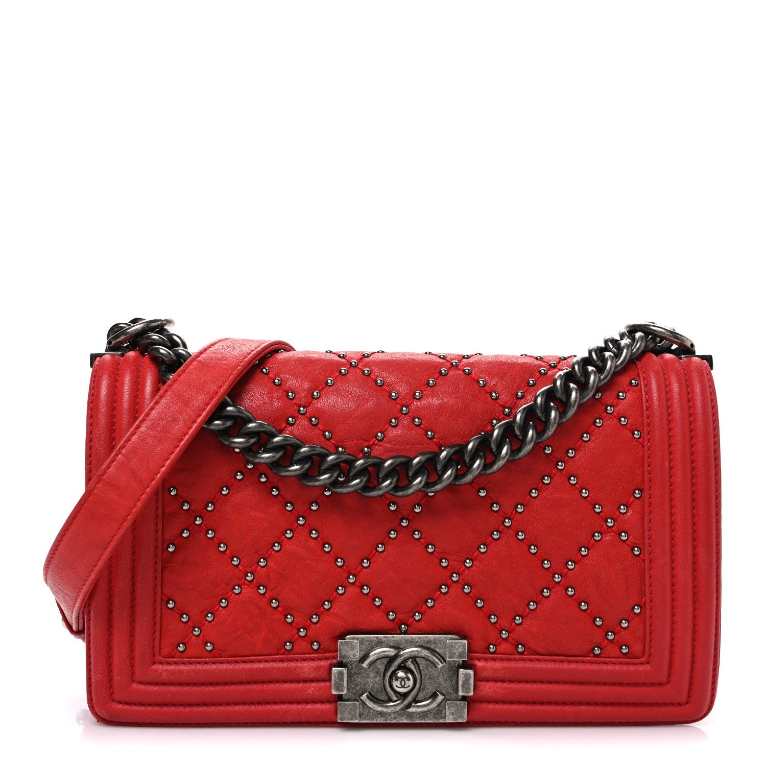 Crumpled Lambskin Small Studded Boy Flap Red