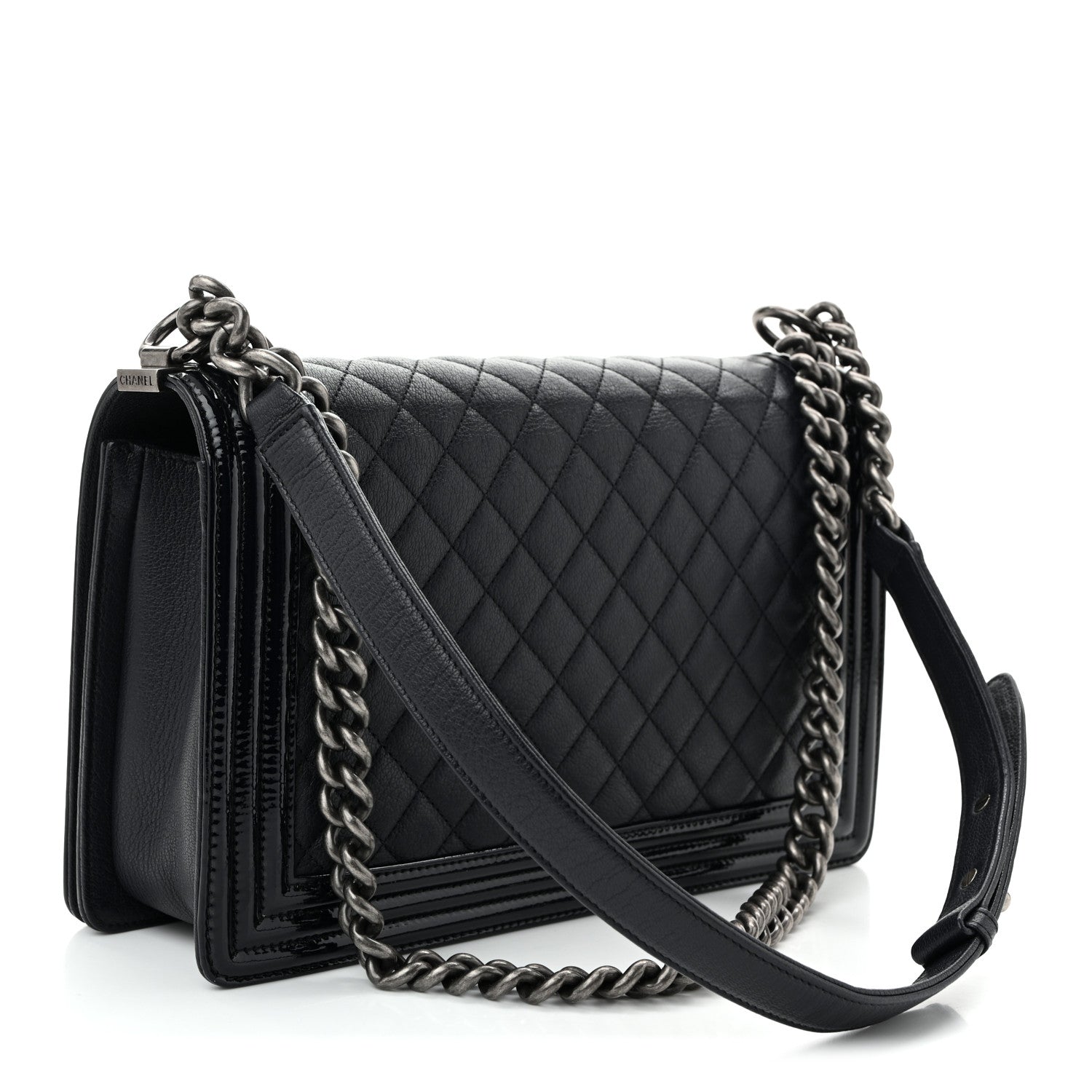 Goatskin Quilted Patent New Medium Duo Boy Flap Black