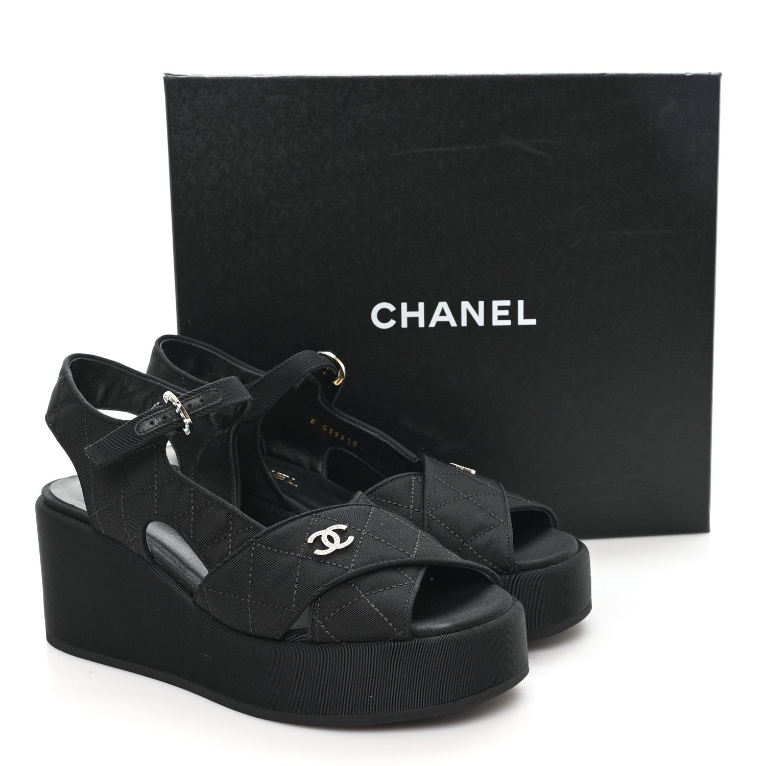 Grosgrain Quilted Crystal CC Platform Sandals 39.5 Black