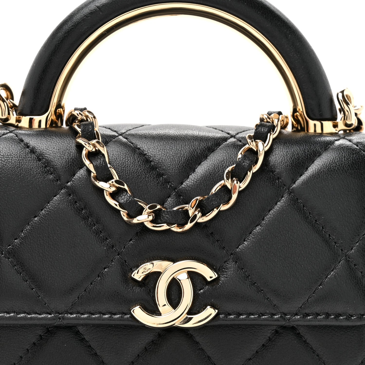 Lambskin Quilted Top Handle Flap Clutch With Chain Black