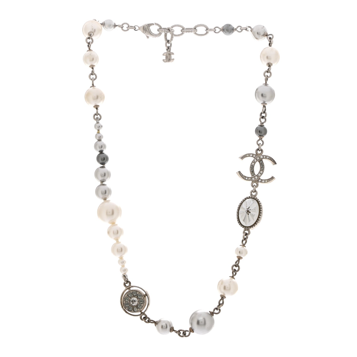 Pearl Crystal CC Choker Necklace Silver Pearly White