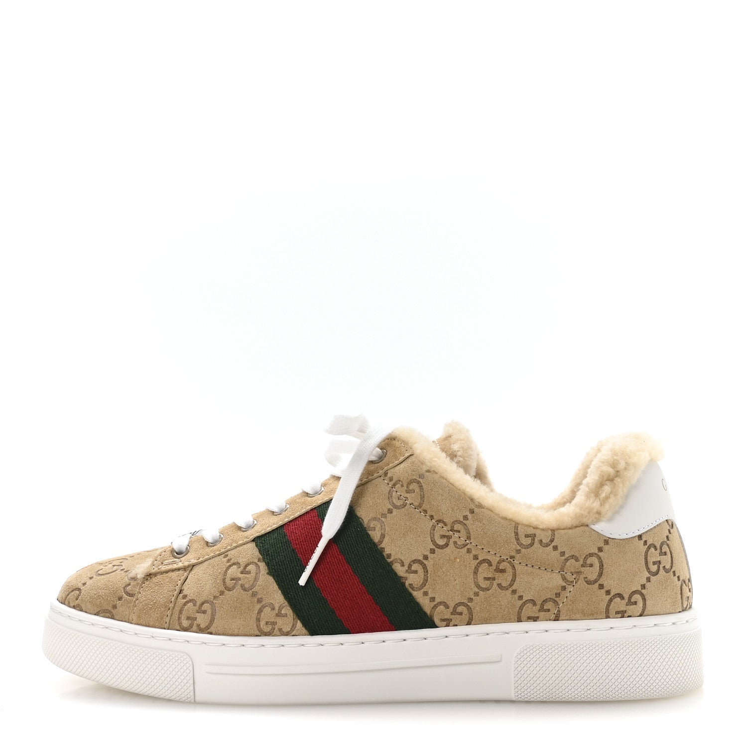 Suede Shearling Prestige GG Monogram Web Womens Ace Sneakers 37.5 Beige White Multicolor Mystic White