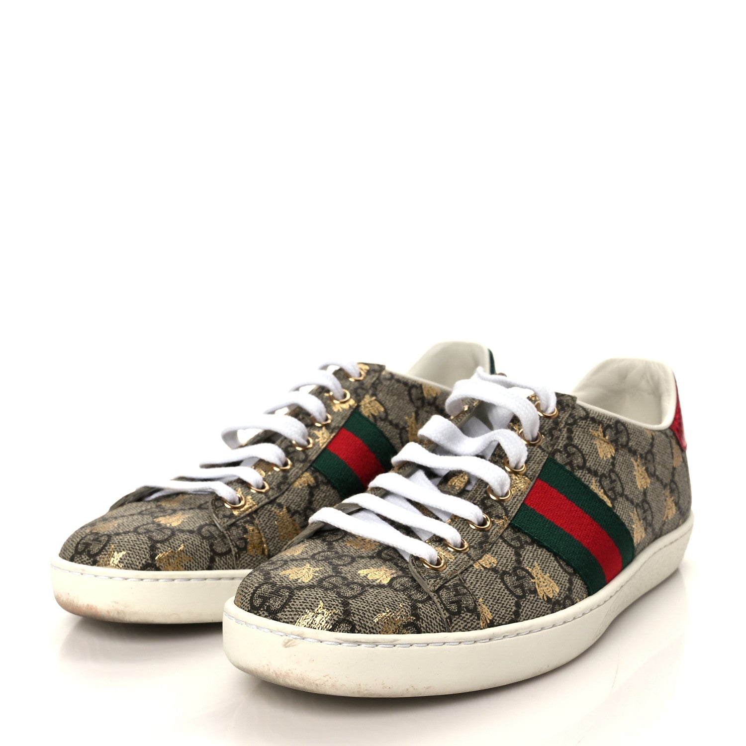 GG Supreme Monogram Bees Ayers Web Womens Ace Sneakers 37 Beige Oro Green Red