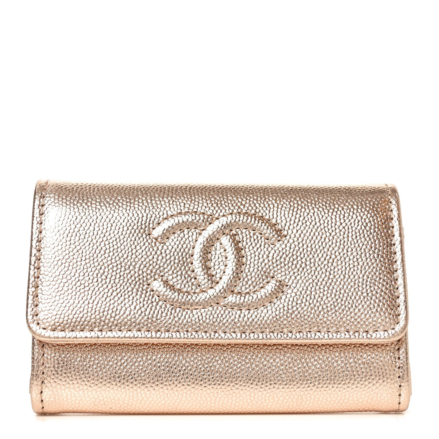 Metallic Caviar Quilted CC Flap Card Holder Copper