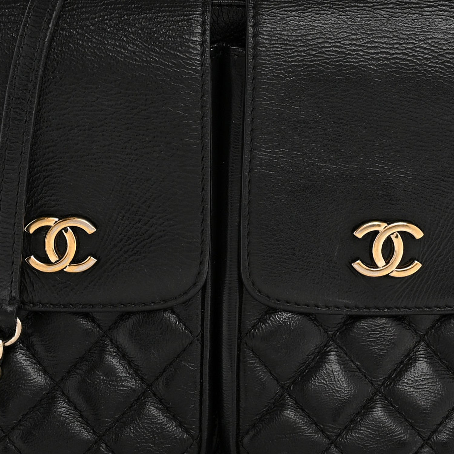 Glazed Calfskin Quilted Double Pocket Crossbody Flap Black