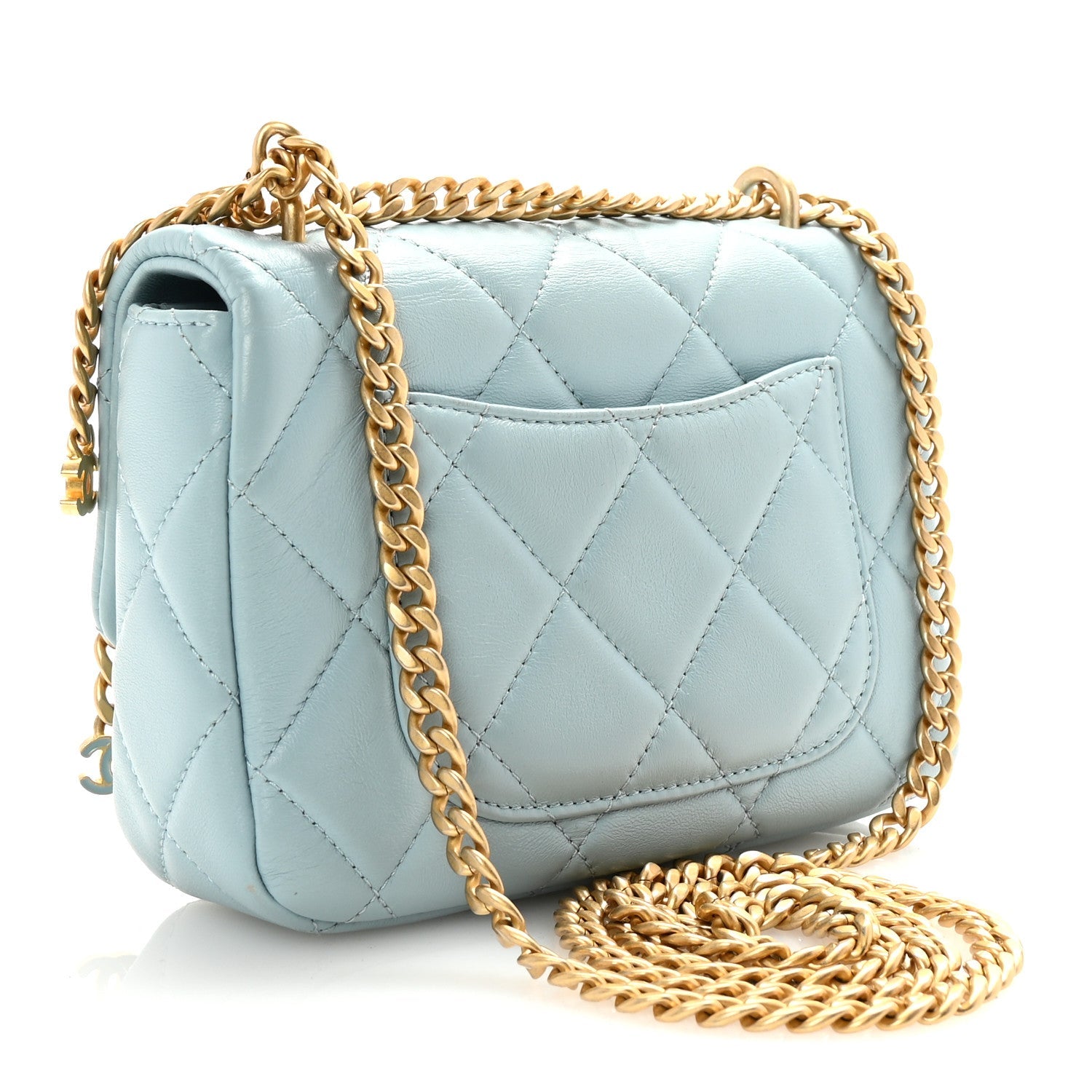 Lambskin Enamel Quilted Mini Pending CC Square Flap Light Blue