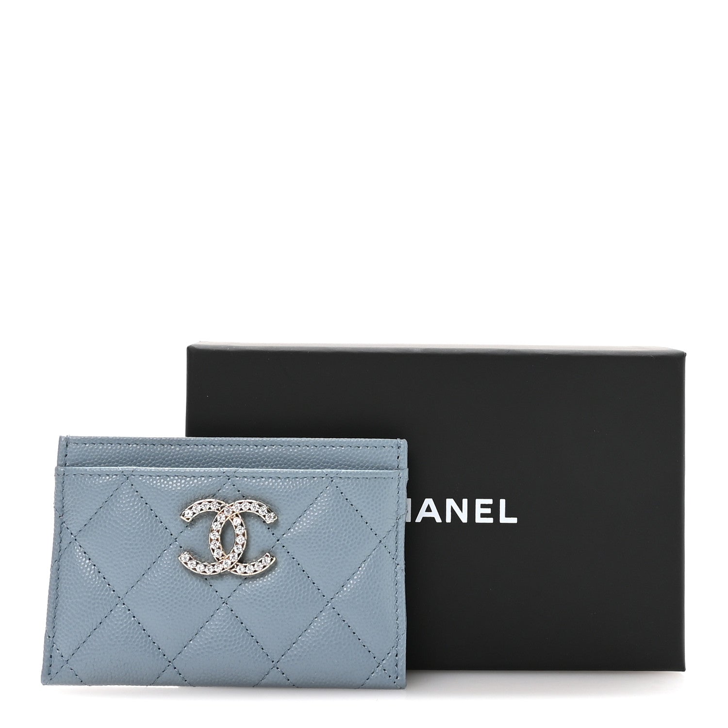 Caviar Quilted Crystal Card Holder Light Blue