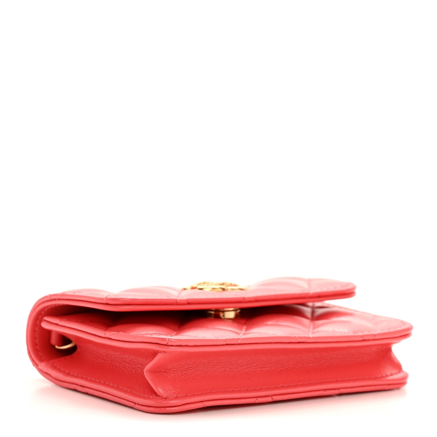Shiny Lambskin Quilted Card Holder On Chain Pink