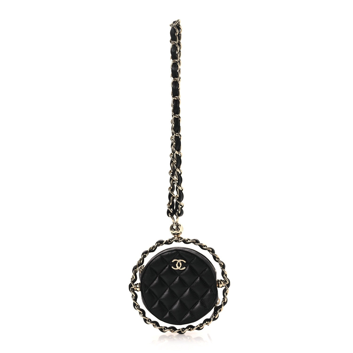 Lambskin Quilted Chain Round Mini Clutch Black