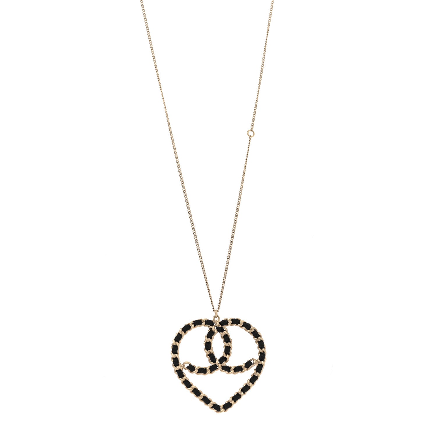 Satin Metal Chain CC Heart Necklace Black Gold