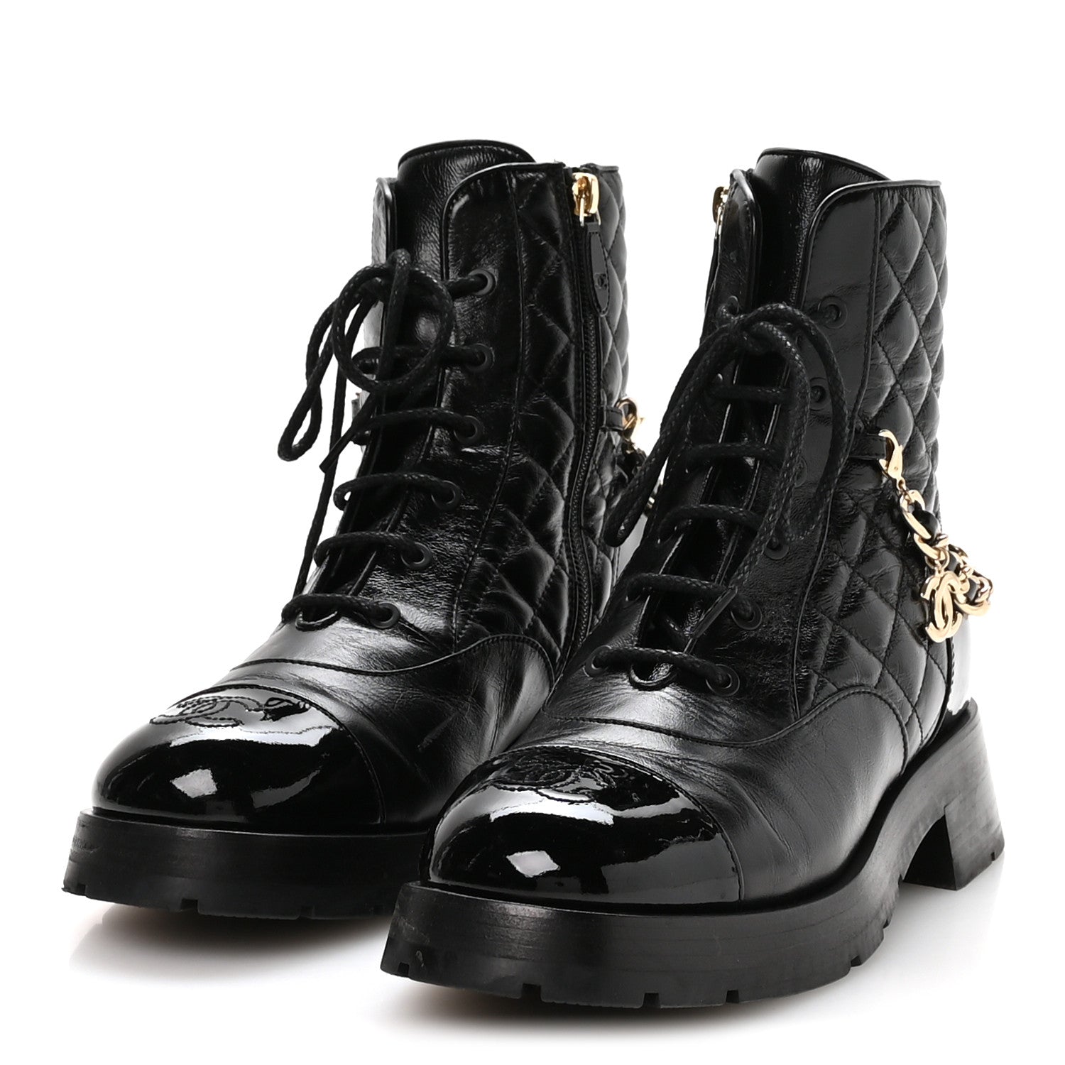 Shiny Calfskin Patent Quilted Chain Lace Up Combat Boots 40 Black