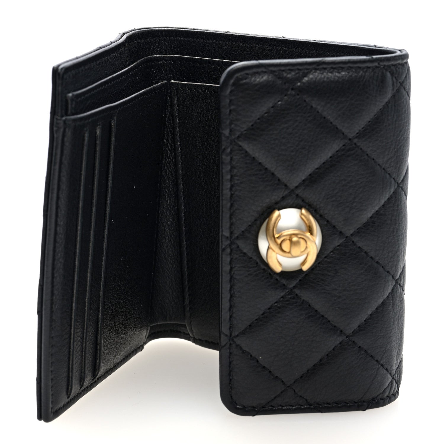 Calfskin Quilted Pearl CC Medium Flap Wallet  Black