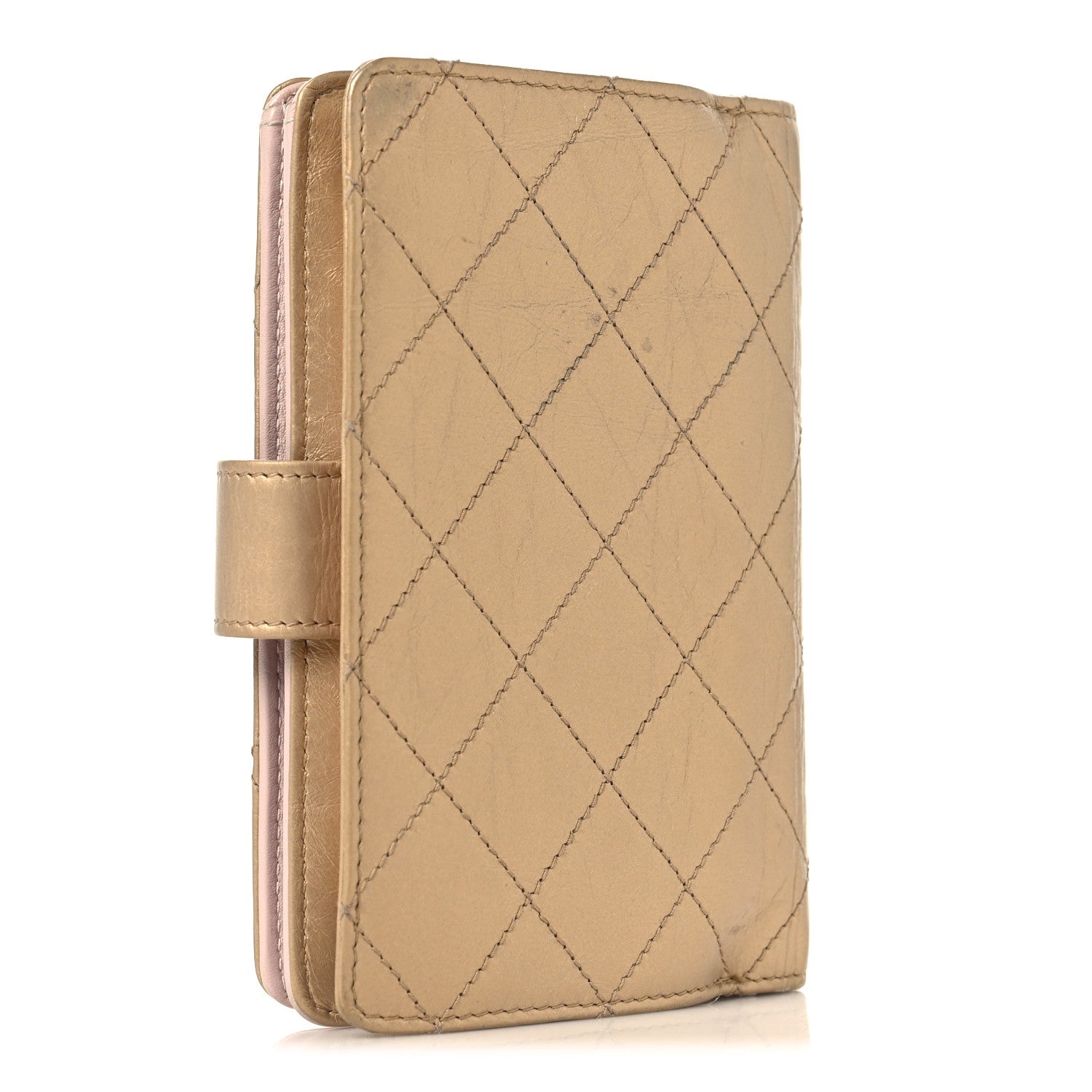 Metallic Calfskin Quilted Brilliant Zipped Pocket Wallet Gold
