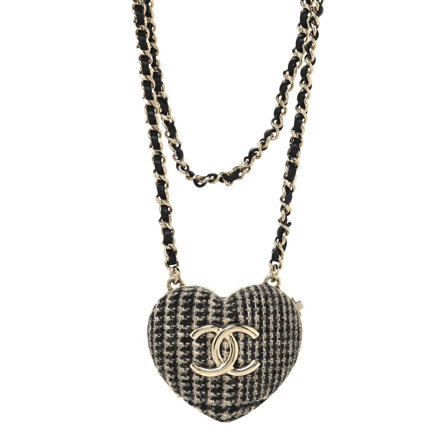 Tweed Lambskin CC Heart Locket Necklace Gold Black Beige