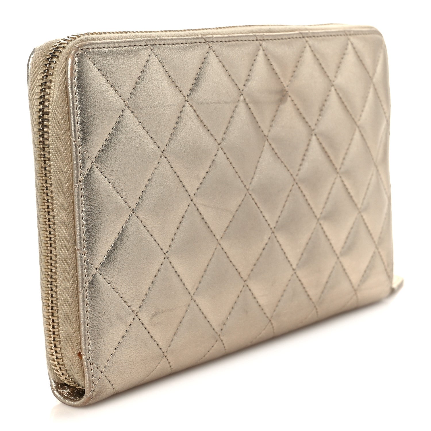 Iridescent Lambskin Quilted Large Zip Around Organizer Wallet Light Gold