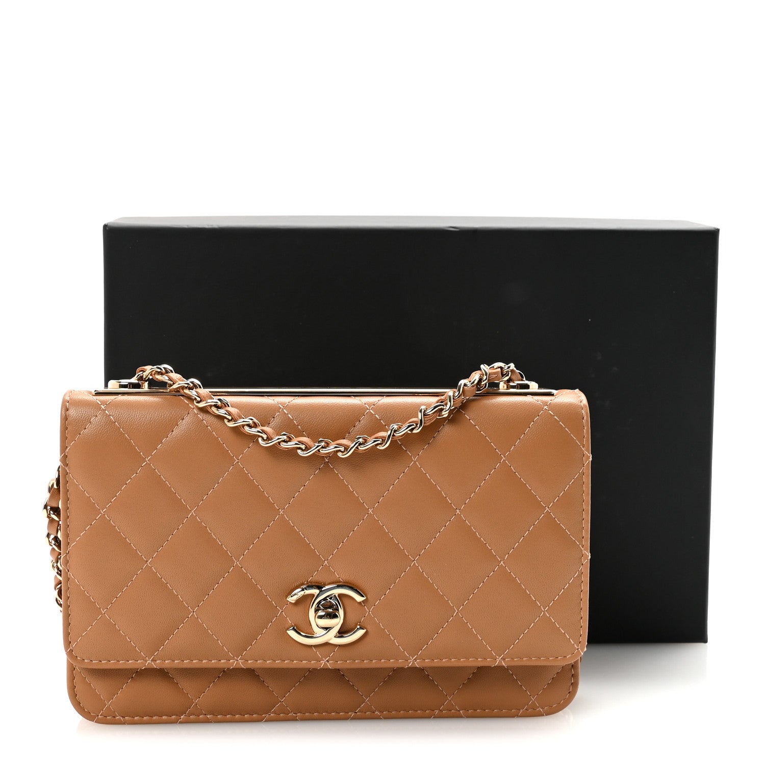 Lambskin Quilted Trendy CC Wallet On Chain WOC Camel
