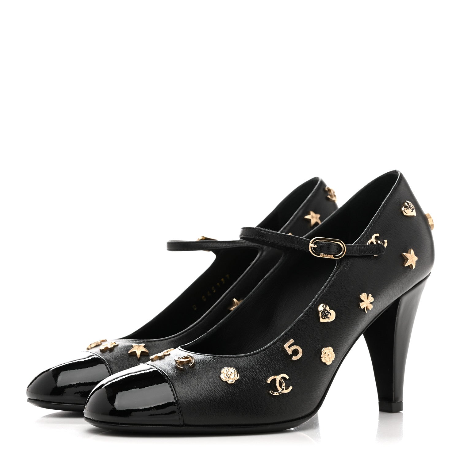 Lambskin Patent Cap Toe Charms Mary Jane Pumps 36.5 Black
