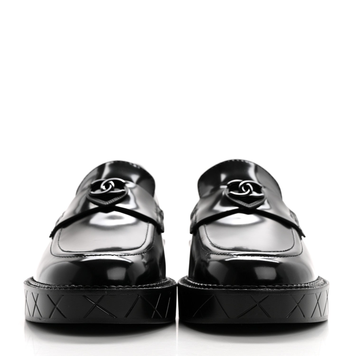 Shiny Calfskin Quilted CC Mocassin Loafers 38 Black