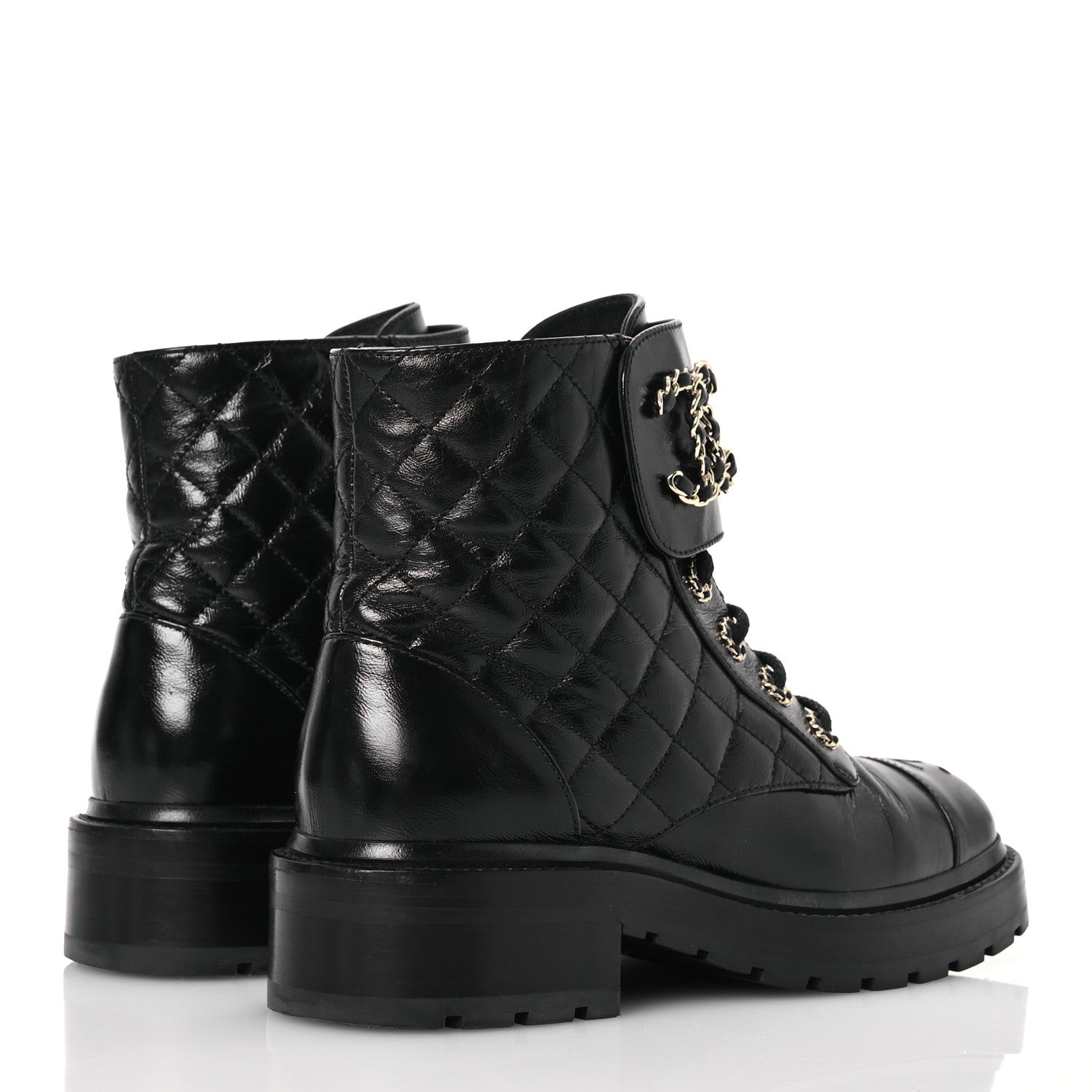 Shiny Calfskin Quilted Lace Up Combat Boots 37 Black