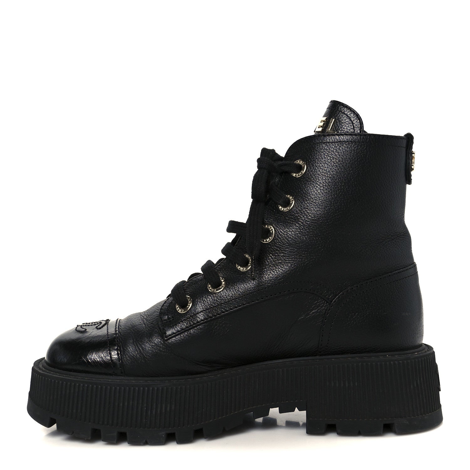 Grained Calfskin Shiny Calfskin CC Lace Up Combat Boots 37.5 Black