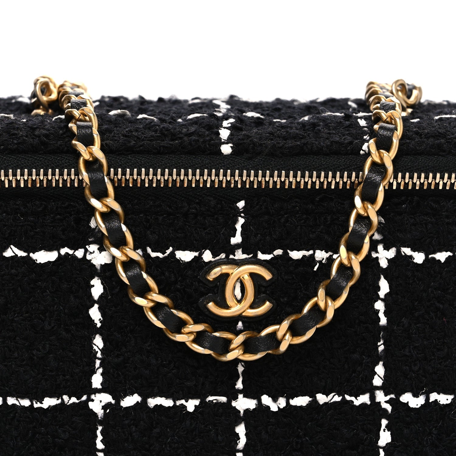 Tweed Pearl Crush Small Vanity Case With Chain  Black White