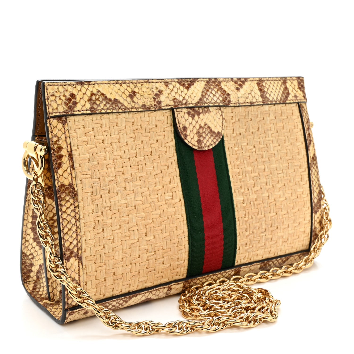 Raffia Elaphe GG Small Ophidia Chain Shoulder Bag Natural Cream Brown