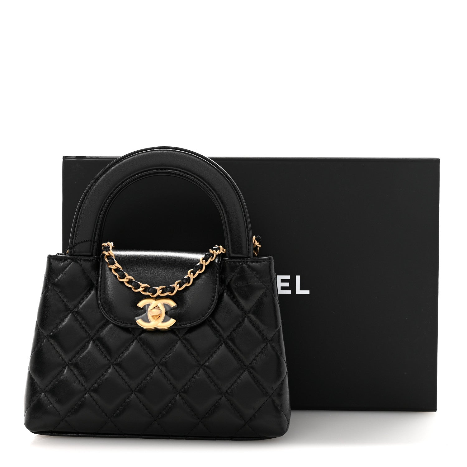Shiny Aged Calfskin Quilted Nano Kelly Shopper Black