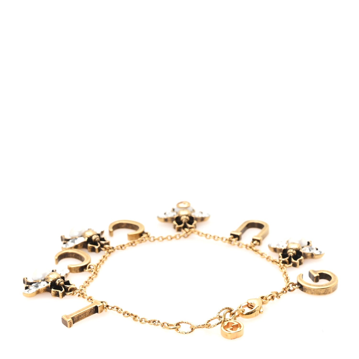 Crystal Pearl Bee Logo Charm Bracelet Aged Gold