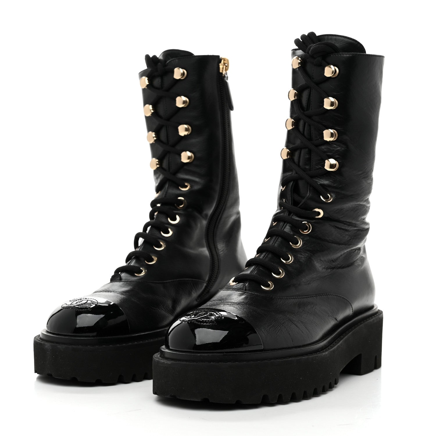 Crumpled Calfskin Patent Cap Toe Lace Up Combat Boots 35 Black