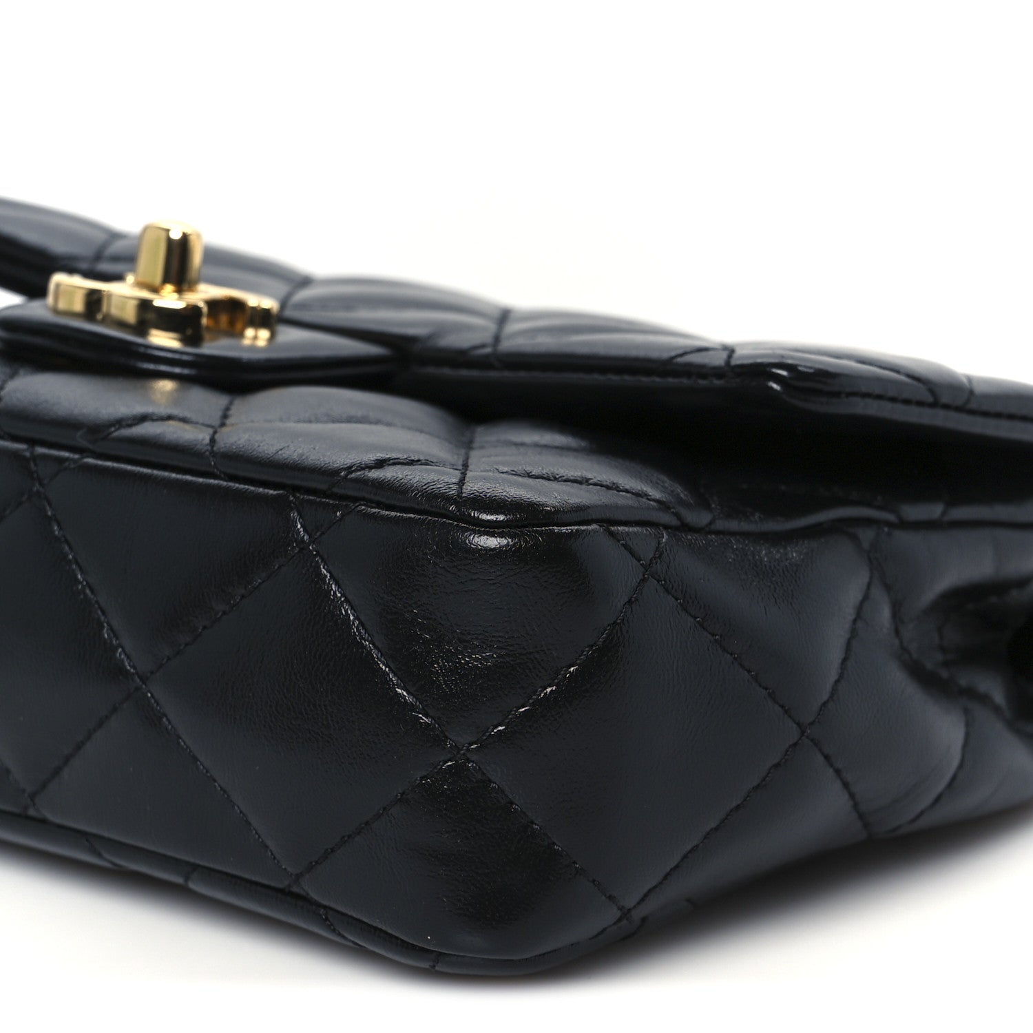 Shiny Lambskin Quilted Golden Links Top Handle Flap Black