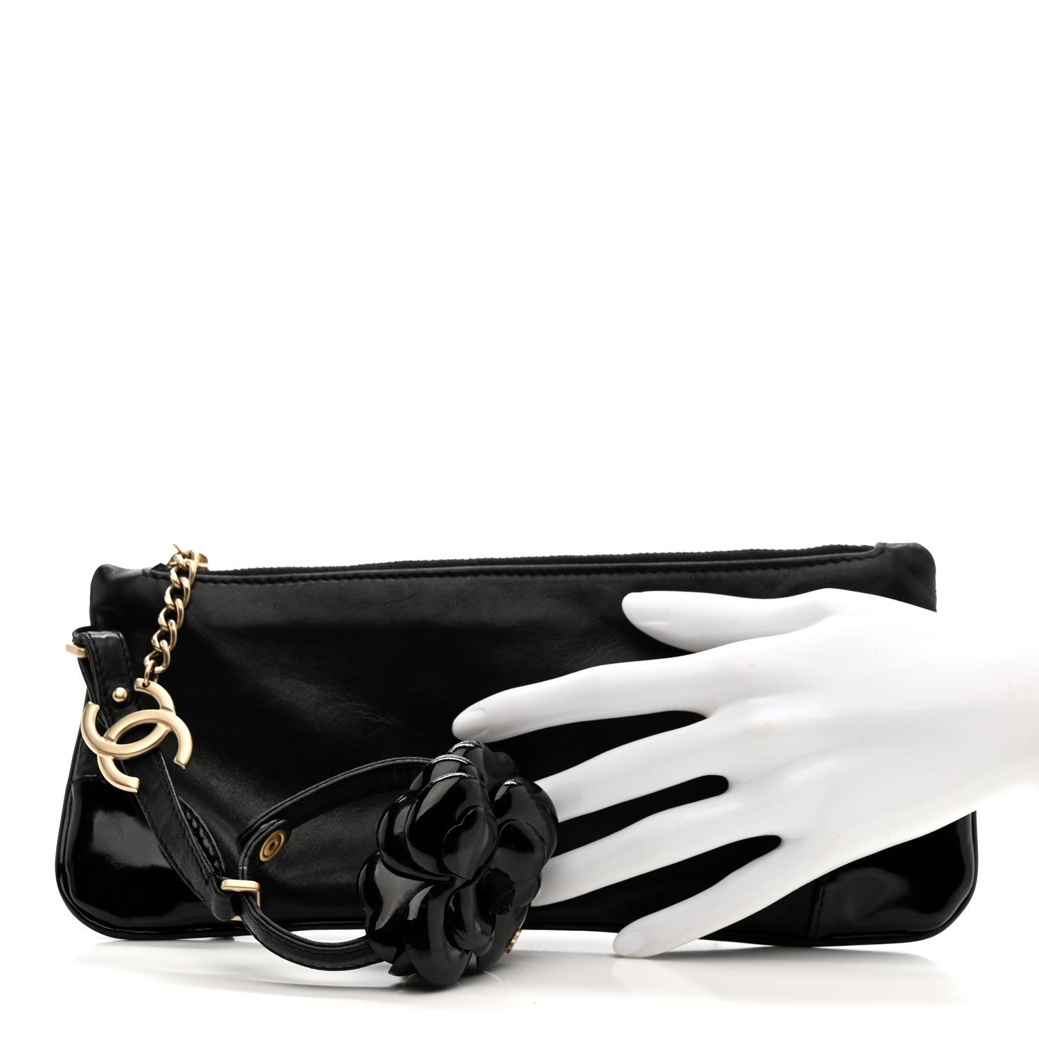 Lambskin Patent Camellia Wristlet Black