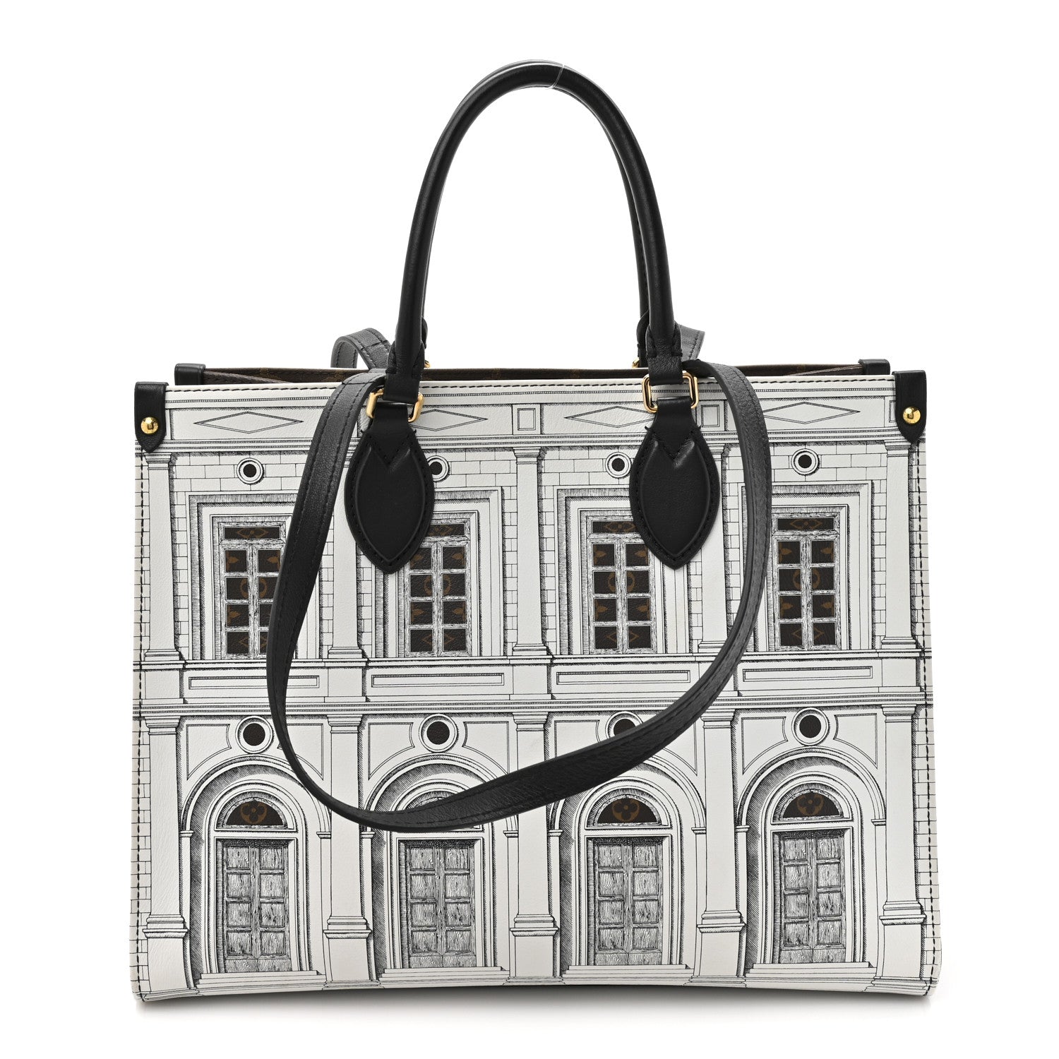 X FORNASETTI Calfskin Architettura Onthego MM Black White