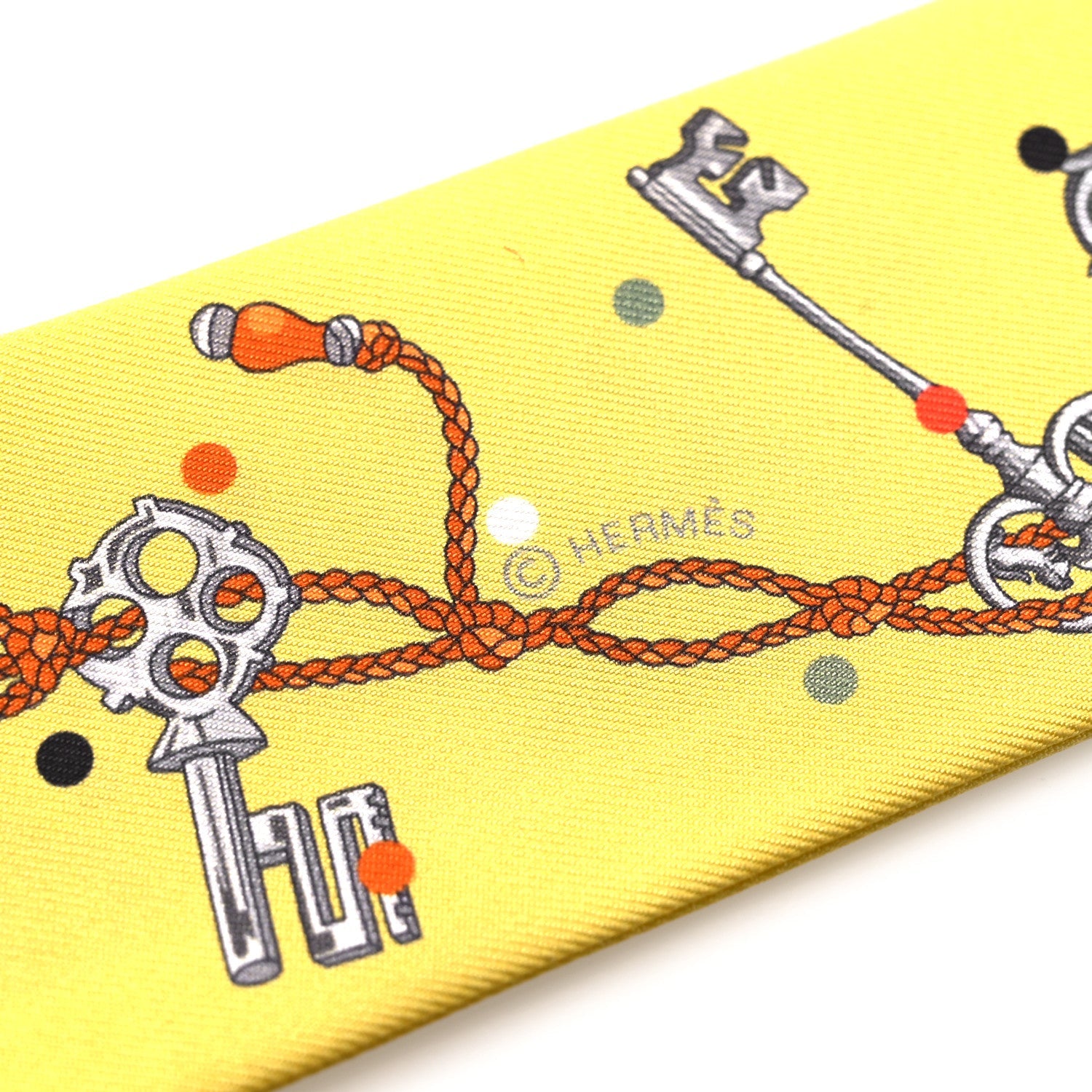 Silk Calfskin Les Cles A Pois Fringed Twilly Jaune Argent Orange Vif