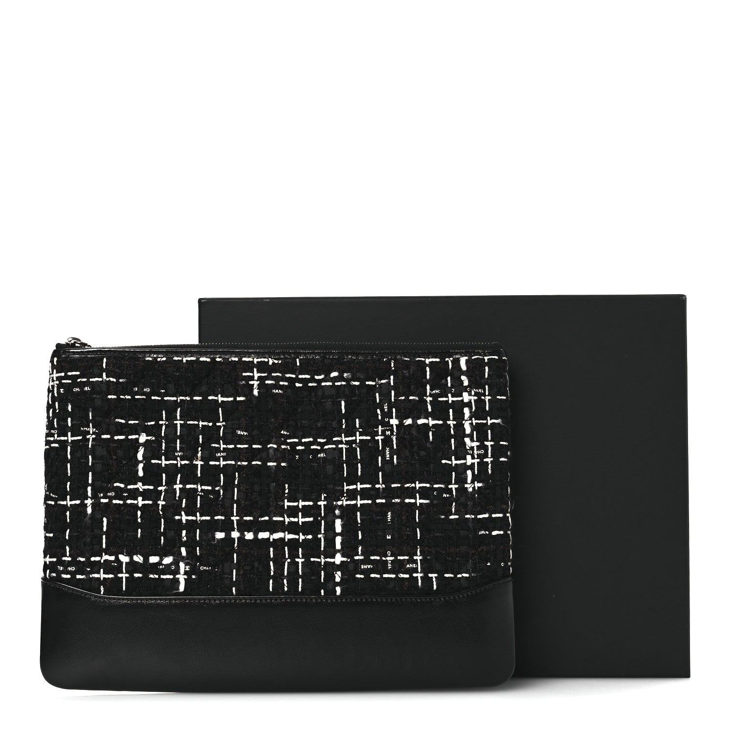 Tweed Calfskin Quilted Medium Cosmetic Pouch Black White