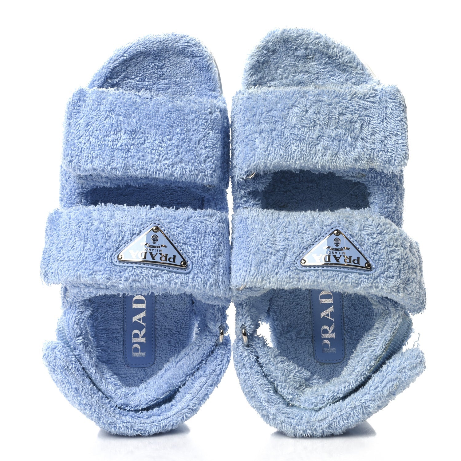 Terry Cloth Metal Triangle Logo Double Strap Slingback Lug Sole 20mm Sandals 36 Celeste