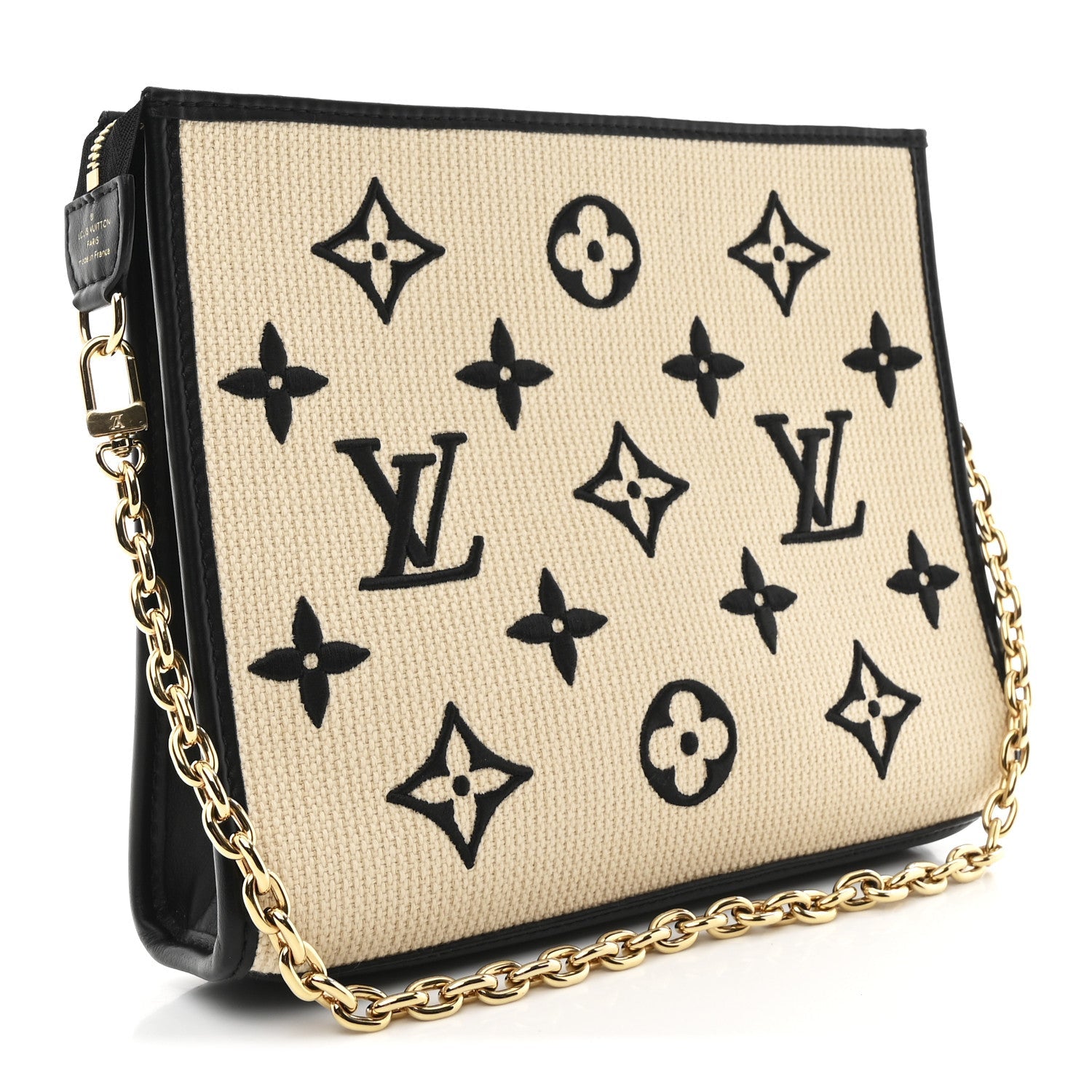 Raffia Calfskin Monogram Toiletry Pouch 26 On Chain Beige Black