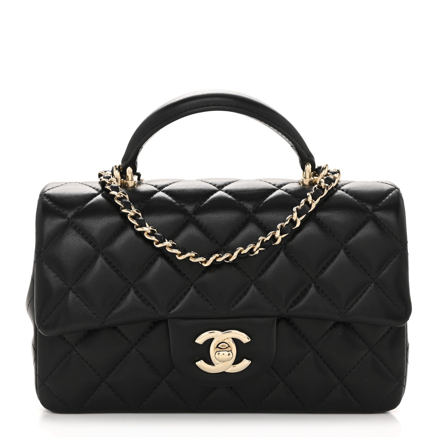 Lambskin Quilted Mini Top Handle Rectangular Flap Black
