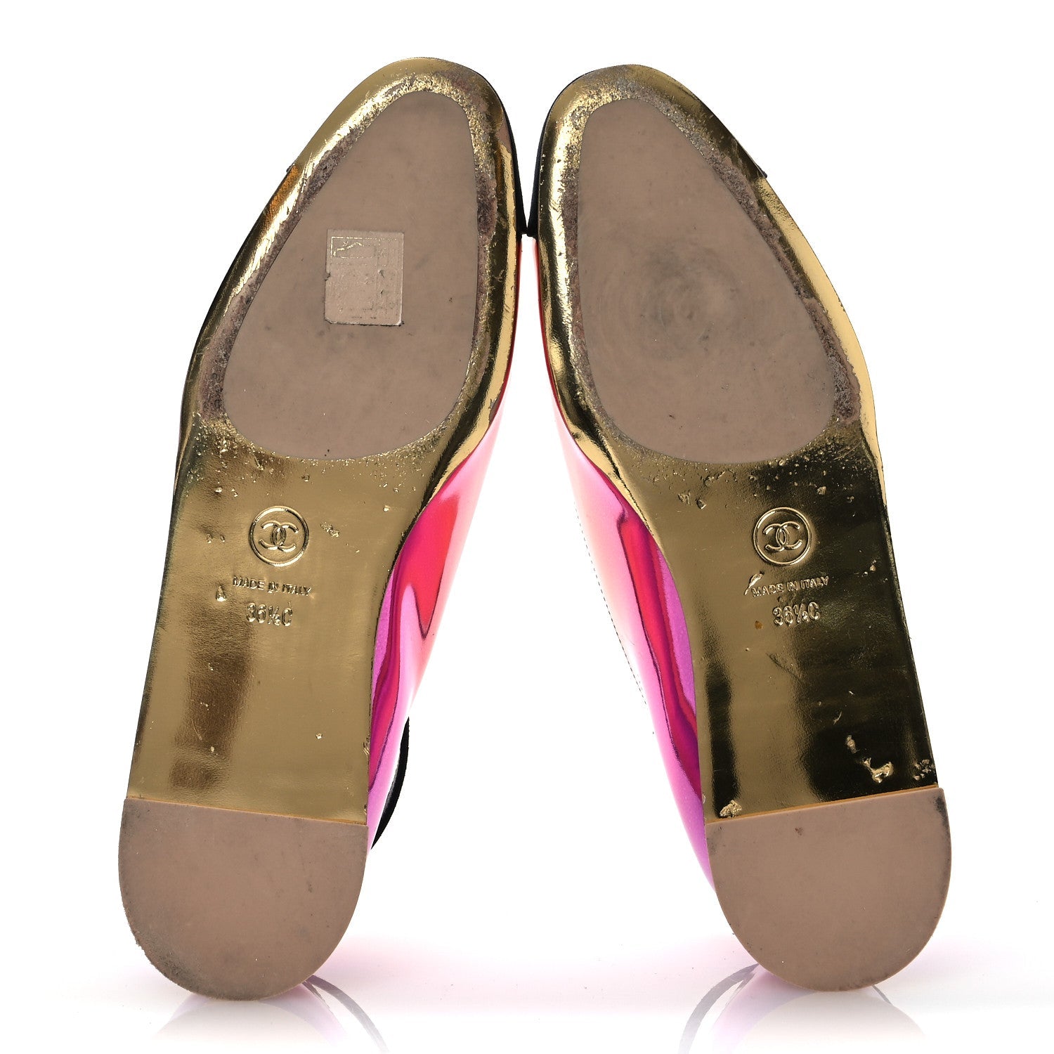 Laminated Calfskin Grosgrain Cap Toe CC Flats 36.5 Pink Orange Yellow Black