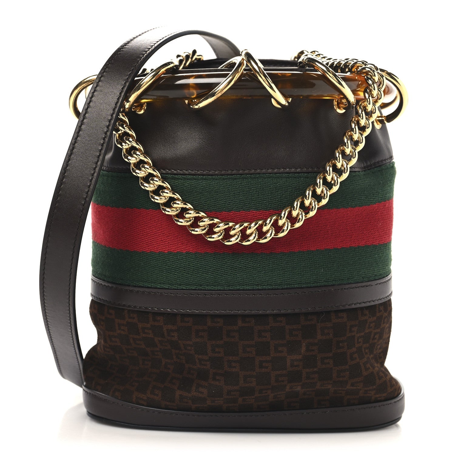 Suede Calfskin Web G Logo Bucket Bag Dark Brown