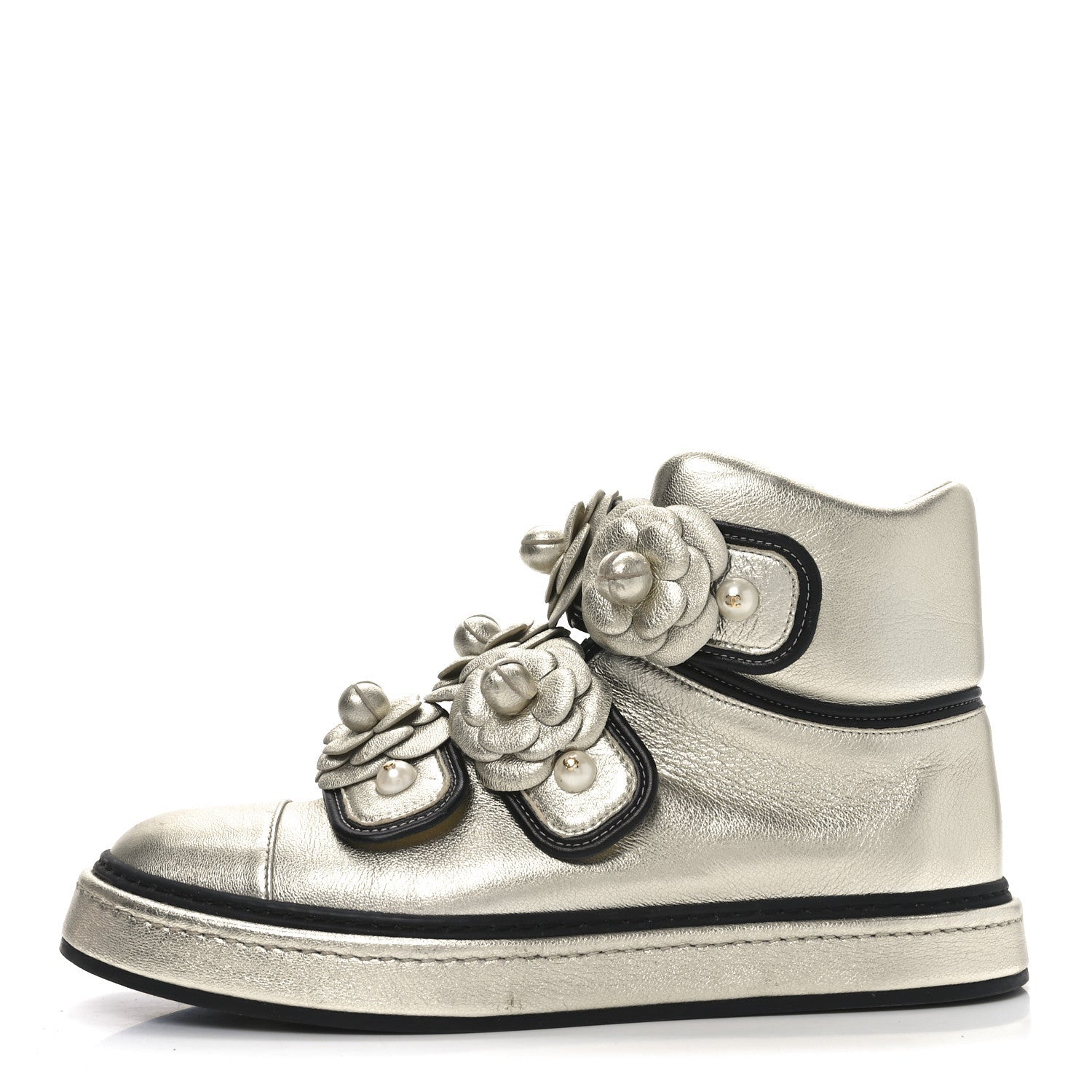 Metallic Lambskin Camellia High Top Sneakers 39.5 Gold
