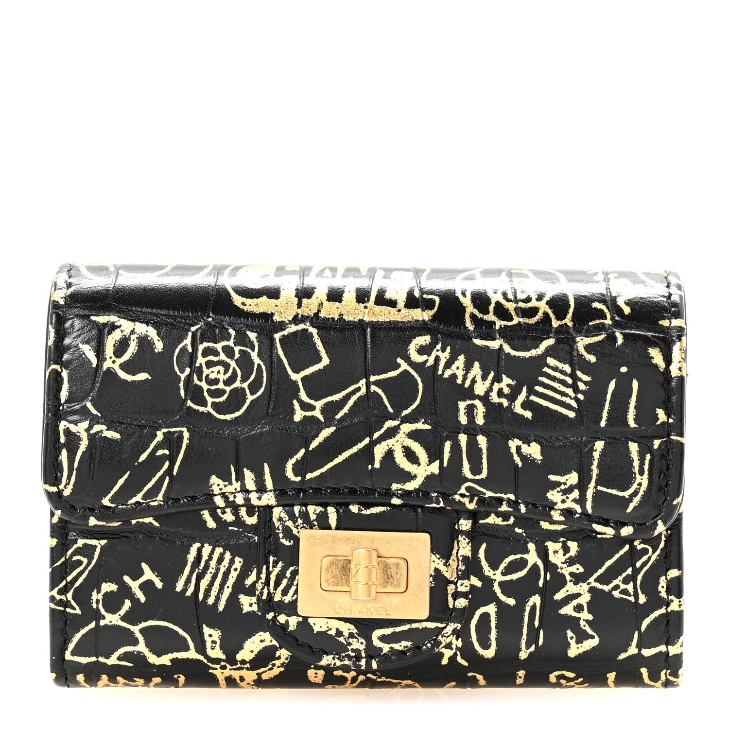 Calfskin Crocodile Embossed Graffiti 2.55 Cocodile Reissue Flap Card Holder Black Gold
