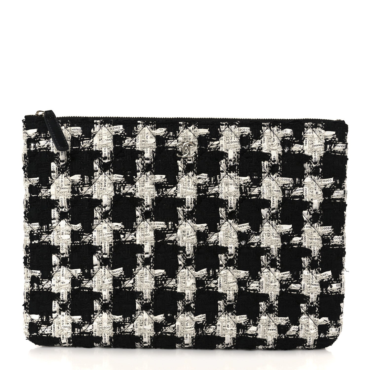 Tweed Quilted Medium Cosmetic Pouch Black Ecru White