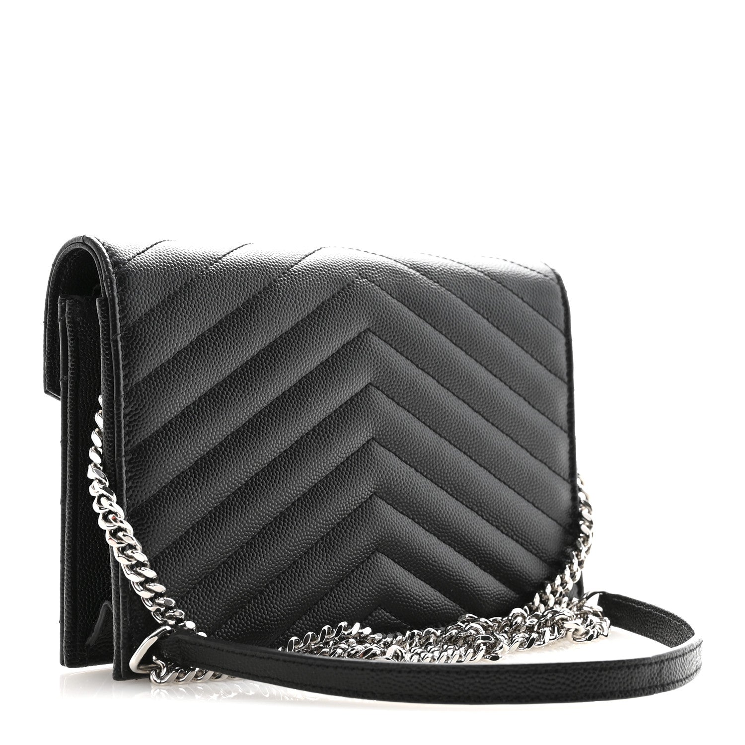 Grain De Poudre Matelasse Chevron Monogram Envelope Chain Wallet Black