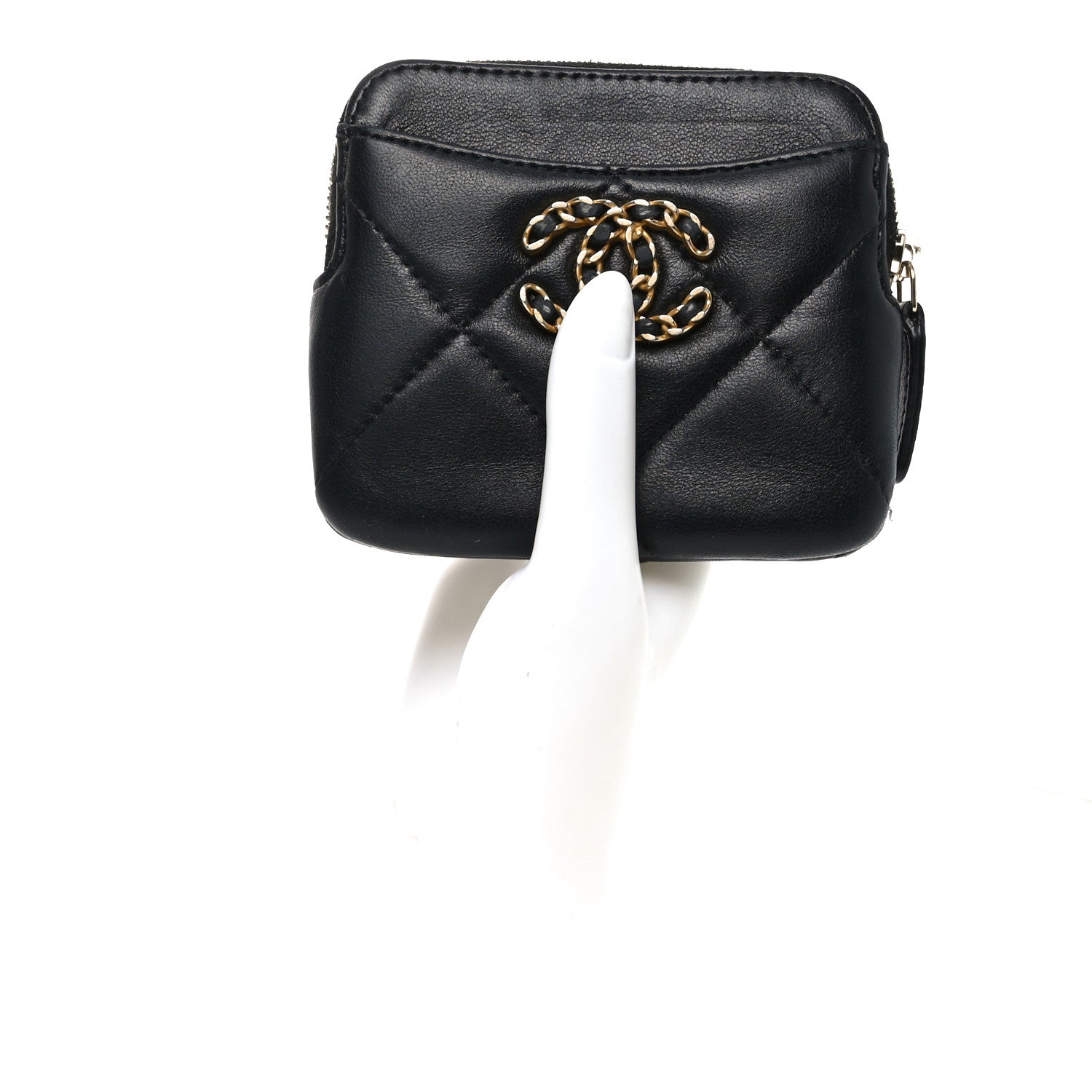 Lambskin Quilted Chanel 19 Zip Card Holder Wallet Black