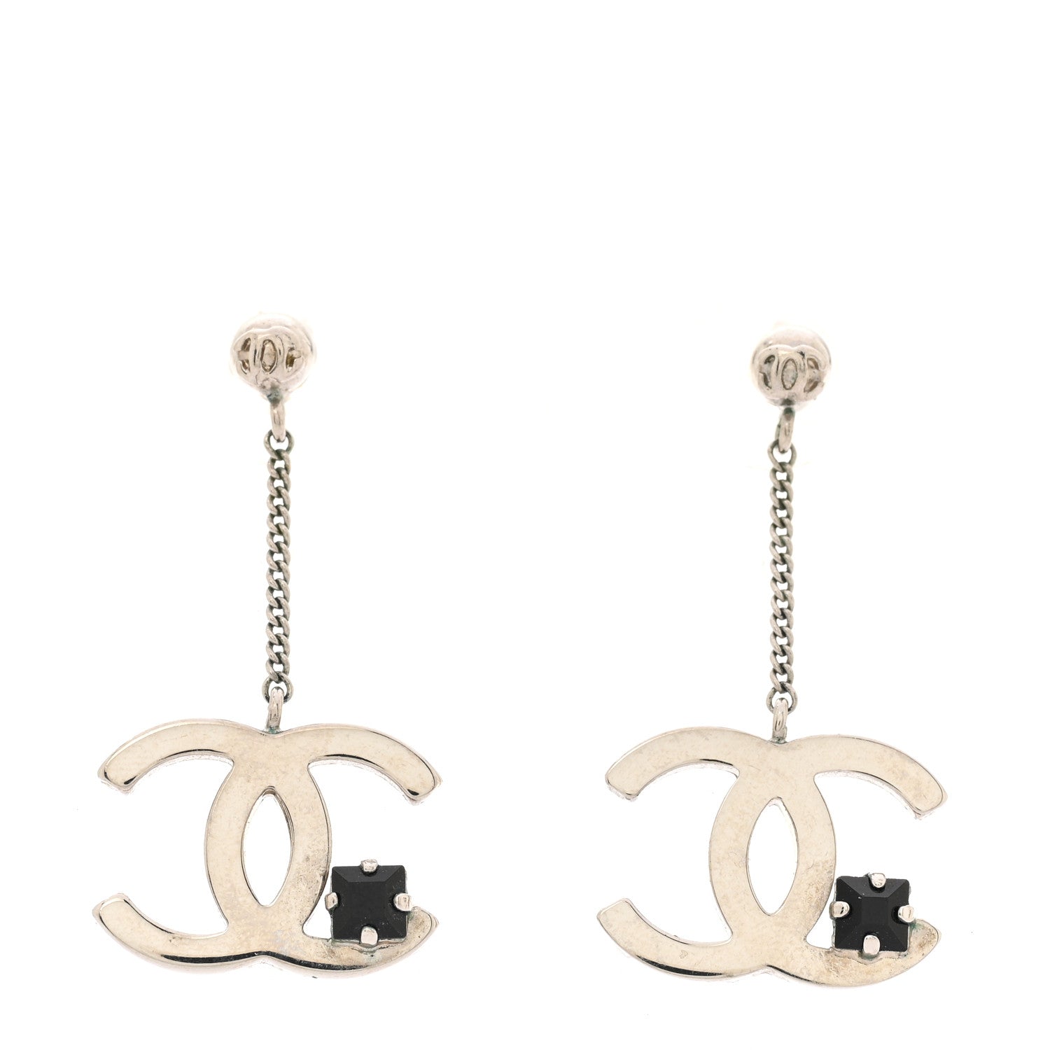 Crystal CC Dangle Earrings Silver Black